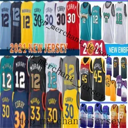 2021 Ja 12 Morant camisa de basquete Donovan 45 Mitchell Stephen 30 Curry city edtion azul branco preto