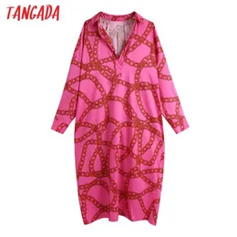 Tangada Women Chic Fashion Chain Print Midi Dress Loose Vintage Long Sleeve Button-up Female Dresses BE467 210609