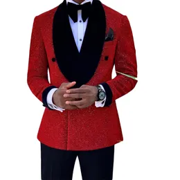 Glitter Red Sequins Mens Suits Groom Wear Düğün Blazer Smokin Resmi Business Prom Pantolon Ceket Ceket 3 Parça 3330E