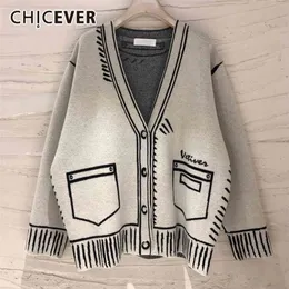 Chicever Casual Loose Sweaters for Women Print V Neck Long Sleeve Plus Size Elegant Cardigans Female Mode Clothing Style 210917