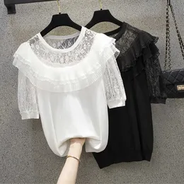 L-4XL plus size women fashion lace kint sweater pullover loose casual sexy hollow out Oversized pullover female shirt 210604