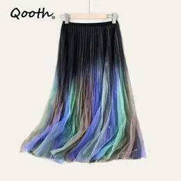 Qooth Rainbow Color Gradient Mesh Skirt Spring Autumn Women's Mid-Length Pleated Skirt A-line High Waist Lining Skirt QT561 210518