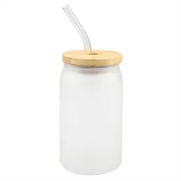New Sublimation Glass Beer Mugs with Bamboo Lid Straw DIY Blanks Frosted Clear Can Shaped Tumblers Cups Heat Transfer 15oz Cocktail Iced Coffee Whiskey Glasses CG001