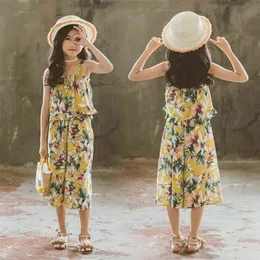 Летние девушки набор одежды без рукавов цветок печать топы и широкие брюки ног корейские дети подтяжки наряда подростковая одежда 210622