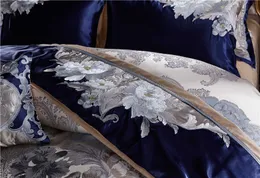 Blue Silver Silk Cotton Satin Jacquard Luxury Chinese Bedding Set Queen King size Bedding Set Bed Sheet/Spread Set Duvet Cover H0913