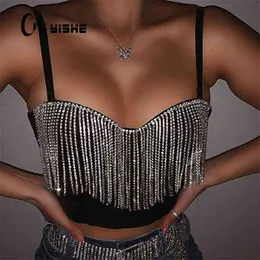 Cnyishe Fashion Sexy Clubwear Diament Tassel Crop Tops Bez Rękawów T Koszulki Slim Lady Bralette Strap Skinny Samica Tee 210720