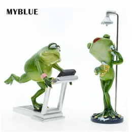 MyBlue Kawaii Ogród Żywica Zwierząt Running Sport Prysznic Żaba Figurka Miniaturowa Nordic Home Room Decoration Akcesoria 210811