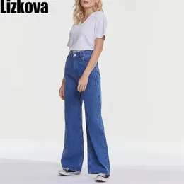 Lizkova Spring Blue Jeans女性の高腰の重なりのデニムMujer Pantalonesファッションワイドレッグ韓国風のズボン210730