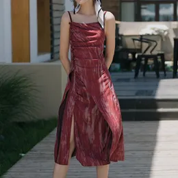 İlkbahar Yaz Bayanlar 2021 Retro Elbise Yağlı Boya Doku Sukçaları Katlar Asimetrik Split Sonuçlar Zarif Parti Günlük Elbiseler