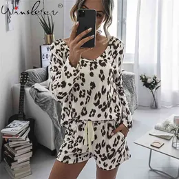 Pijama de algodão de leopardo para o conjunto de mulheres pijama pulôver pigiama donna primavera mujer pijama sleepwear nightwear damska 2pcs p05901b 210421
