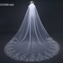 Vit Elfenbenskatedral Bröllopsvälsaker Lace Appliques Welon Novia Accesorios Casamento Bridal Veil med kam Velo x0726