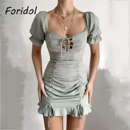 Foridol winte ruched bodycon mini летнее платье женщины пляж вскользь праздник коротко столовая рукава зеленое платье зачарованное платье 210415