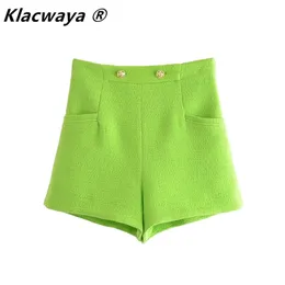 Klacwaya Za Women Green High Waist Shorts Summer Elegant Buttoned Pocket Decoration Textured Casual 210714