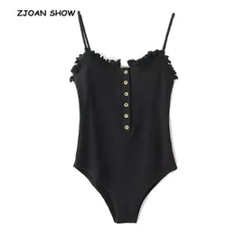 Sexy Open Button Ruffles Backless Spaghetti Strap Bodysuit Woman Sling Tight Short Jumpsuit Slim fit Rompers Playsuits 210720