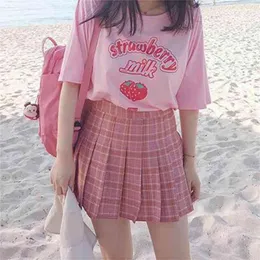 hahayule 핑크 소녀 시리즈 딸기 우유 그래픽 여름 패션 100 % 코 튼 캐주얼 탑스 한국 스타일 소녀 재미있는 반팔 210330