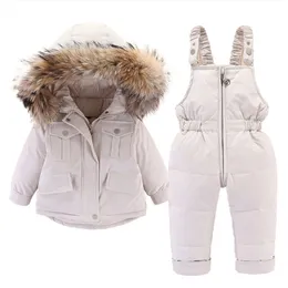 2st Set Baby Girl Winter Down Jacket och Jumpsuit för barn Tjockad Varm Fur Collar Girls Spädbarn Snowsuit 0-4Year 211025