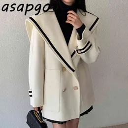 Quilted Coats & Jackets Wool Blends Contrast Sailor Collar Woolen Coat Women Double Breasted Loose Big Pockets Full 210429