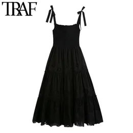 Women Chic Fashion Hollow Out Embroidery Ruffled Midi Dress Vintage Smocked Detail Tied Wide Straps Female Dresses 210507