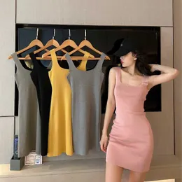 5Color Sexy Tight Black Sleeveless Strap Knitted Dress Women Wrap Hip Mini Slim High Waist Vestido Mujer All-match Elastic 210610