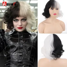Perucas sintéticas aosiwig cruella cosplay peruca com franja curta cabelo ondulado meio preto branco figurino de halloween natal para mulheres