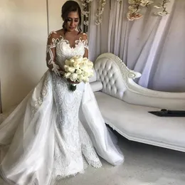 Arabic Lace Mermaid Wedding Dresses Bridal Gowns With Detachable Train 2021 Sheer Long Sleeve Appliqued Beaded Vestidos De Novia Chapel Bride Dress