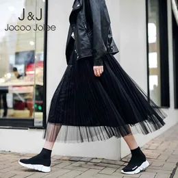 Kvinnor Koreansk Elegant Lace Skirt Chic Mesh Long Kjolar Hög midja Solid All-Match Midi A-Line Kjolar Casual Pleated Skirt 210518