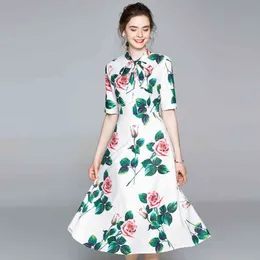 Summer Fashion Runway Kobiety Rose Floral Print Dress White Elegant Bow Tie Damskie Damskie Dresses Party Sukienki 210520