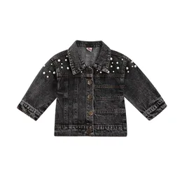 Jackor Toddler Kid Baby Girls Denim Coat Långärmad Pearl Lapel Knappar Down Jean Jacket Cardigan Höst Vår Ytterkläder 1-4 år