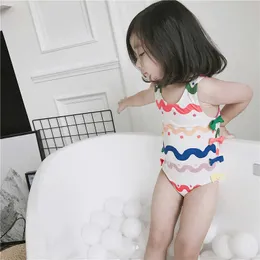 2-12 y Girls One Piece Swimsuit Baby Bathing Suit Colorful Wavy Pattern Kids Swimwear with Swimming Cap Children Sandy Wear