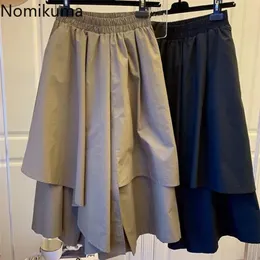 Nomikuma Mulher Saias Esticão Cintura Alta Cause Causal Saia Irregular Moda Sólida Roupas Coreanas Mujer Faldas 6H026 210708