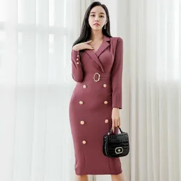 Autumn Notched Vintage Double Breasted Vestidos Long Sleeve Knee-Length Bodycon Pencil Office Work Cloth Dress 210529