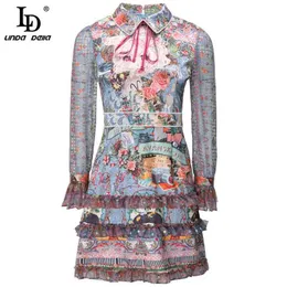 Осенняя мода взлетно-посадочная полоса винтажного платья женщин разворотный воротник лук бисером граффити печатает линию Mini 210522