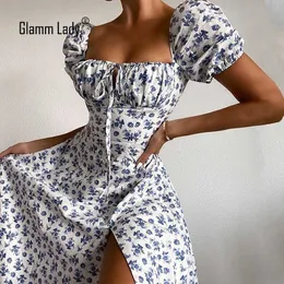 Glamm Lady Floral Print Casual Midi Sexy Party Dresses For Womens StraplAutumn Summer DrClub Bodycon DrPuff Vestidos X0529