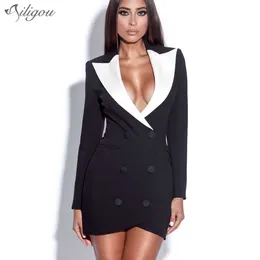Summer Ladies Mini Black Blazer Dress V-neck Button Sexy Long Sleeve Tights Jacket Celebrity Club Party 210527