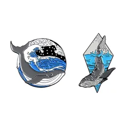 Undervattensdjur Surf Whale Broscher för kvinnor Personlighet Geometrisk formad emalj Lapel Pins Round Badges Denim Shirt Award Presentväska Tillbehör