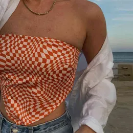 格子縞の不規則な裾ストラップレス夏Y2K作物トップスセクシーな女性カワイイバックルパーティーチェッカーボードチューブトップコルセットビーチウェア210415