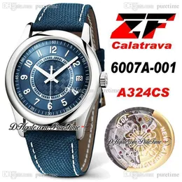 ZF Calatrava 6007A-001 A324CS Automatic Mens Watch 39mm Steel Case Blue Texture Dial Number Markers Leather Strap With White Line Super Edition Watches Puretime