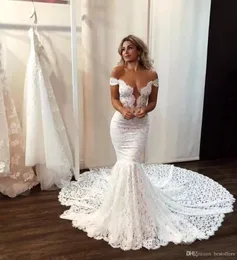 Elegant Full Lace Mermaid Wedding Dresses Sexy Sheer Backless With Buttons Off the Shoulder Long Train Bride Wedding Gowns DWJ0224
