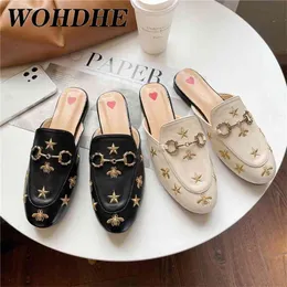 Embroidered Bee Mules Shoes Metal Buckle Leather Slip on Flat Comfortable Beauty Half Slipper Snug 210611