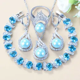 Bridal Wedding Jewelry Sets Sky Blue Cyrkon Naturalne Perły słodkowodne Dangle / Kolczyki / Bransoletka / Ring Kobiety Kostium H1022