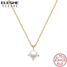 ELESHE 925 Sterling Silver for Women Fresh Pearl Pendant Necklace with 18K Gold Plated Link Chain Jewelry Wedding Gift