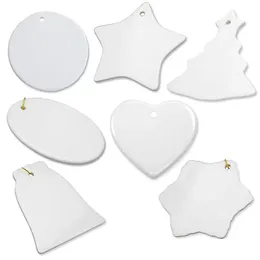 Blank sublimering vit keramik 3 tums hängande julprydnader Värmeöverföring Utskrift DIY Ceramic Ornament Heart Round för nyårsgåva