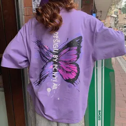 Damska koszulka QNPQYX Purple Butterfly Drukuj Kobiety Luźne Ins BF Harajuku Tshirt 2021 Lato Moda Oversize T Shirt Streetwear