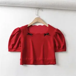 Sweet Lady Summer Short Puff Sleeve Tshirts Girls Fashion Bow Decoration Red Woman T Shirt Toppar Mujer Camisetas 210421