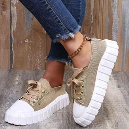 Large size thick bottom fly woven casual single shoes round head front lace up women's sports shoes