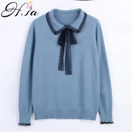 H.SA Koreanska Mode Kläder Kvinnor Casual Pullover och Tröjor Slå ner Krage Sticka Pull Jumpers Bow Lace Sweater Dam Toppar 210417