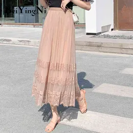 Beiyingni Летние кружевные пэчворк повседневная высокая талия MIDI Tulle юбка женщина винтажная очаровательная длинная юбка TUTU дамы белый розовый 210416