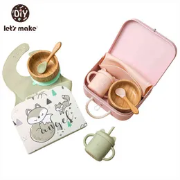 Let's Make Baby Cutlery Set Bib Baby Feeding Wooden Bowl With Suction Cup Wooden Spoon Silicone Straw Drinking Cup Kids Gift Box G1210