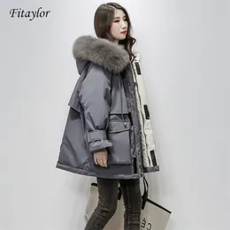 Fitaylor Large Natural Fur Hooded Winter Jacket Women 90% White Duck Down Thick Parkas Warm Sash Tie Up Snow Coat 210913