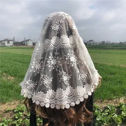 Vit kvinnors spets katolsk slöja mantilla för kyrka huvudet täcker halsduk 3d blomma massa voile shawl kerchief dentelle oändlighet x0726